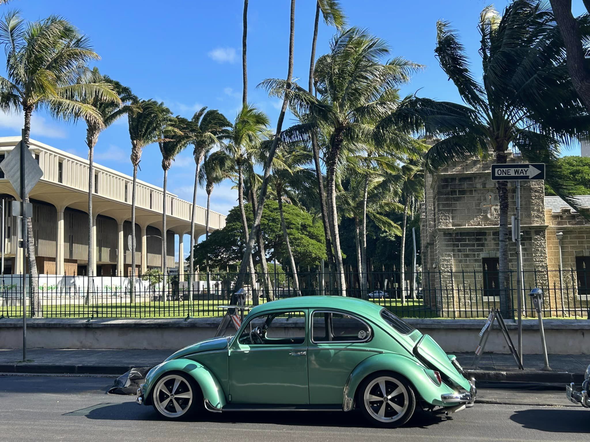 Green vw aircooled beetle on 17" escra wheels 5x205 